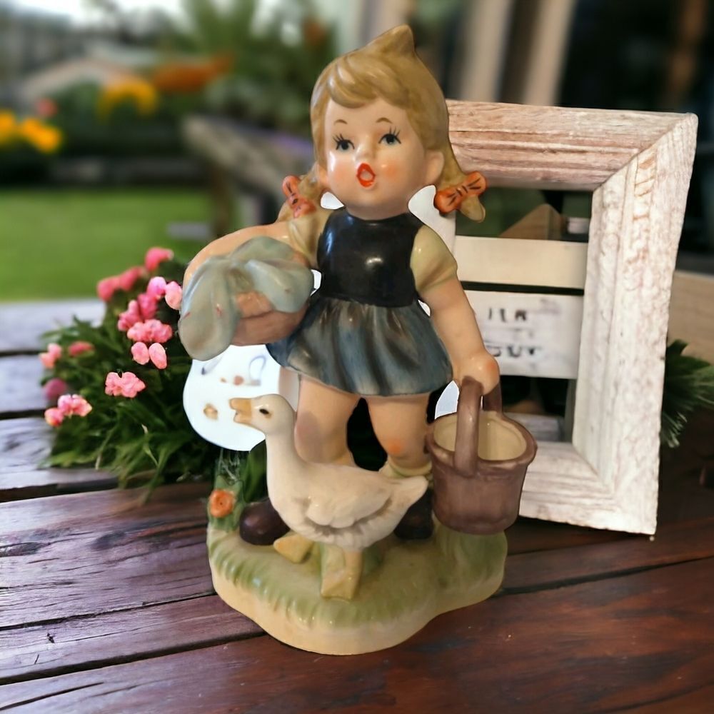 Vtg Japan Girl Ceramic Figurine Laundry Wash Day Goose MCM Handpaint Farmhouse